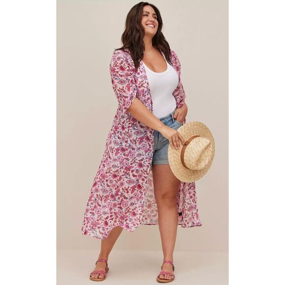 Torrid Chiffon Ruched Sleeve Kimono Sheer Floral Top Blouse Plus Size 2X Pink - Picture 1 of 10